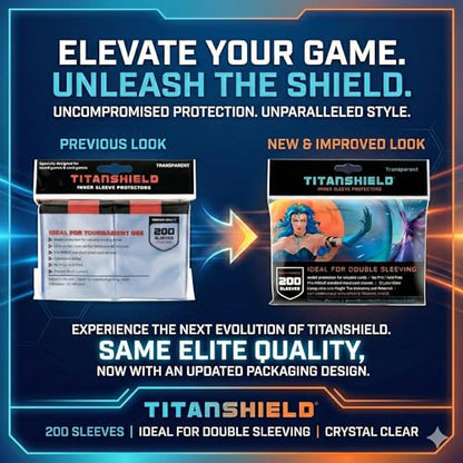TitanShield 200 Premium 60-Microns Ultra Clear Standard Size Perfect Exact Fit Inner Card Sleeves. Perfect for Double-sleeving and Compatible with Pokémon Cards MTG Magic The Gathering Lorcana - size: 200 ct