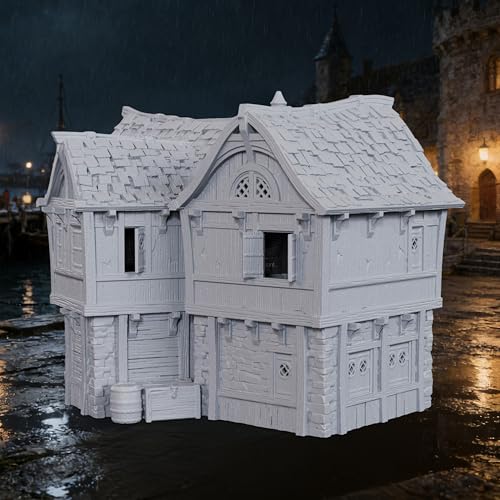 AUSPDICE DND Terrain 25mm 도색되지 않은 석재 및 목재 도크 빌딩 TTRPG용 | 던전 앤 드래곤 판타지 워게임용 1:64 스케일 멀티 레벨 하버 디스트릭트 풍경 - AF1154D - color: Af1154d Dock Buildings D
