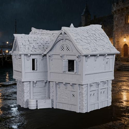 AUSPDICE DND Terrain 25mm 도색되지 않은 석재 및 목재 도크 빌딩 TTRPG용 | 던전 앤 드래곤 판타지 워게임용 1:64 스케일 멀티 레벨 하버 디스트릭트 풍경 - AF1154D - color: Af1154d Dock Buildings D