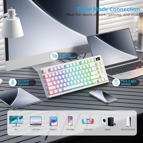 Womier 75% Wireless Mechanical Keyboard with Color Multimedia Screen | PC Gaming Keyboard, 3-Modes Hot Swappable Shine Through Manga Keyboard w/Wrist Rest, Gasket RGB Custom for Mac/Win (SK80 PRO） - color: White-1