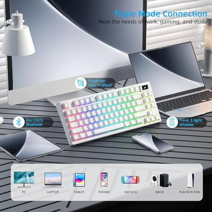 Womier 75% Wireless Mechanical Keyboard with Color Multimedia Screen | PC Gaming Keyboard, 3-Modes Hot Swappable Shine Through Manga Keyboard w/Wrist Rest, Gasket RGB Custom for Mac/Win (SK80 PRO） - color: White-1