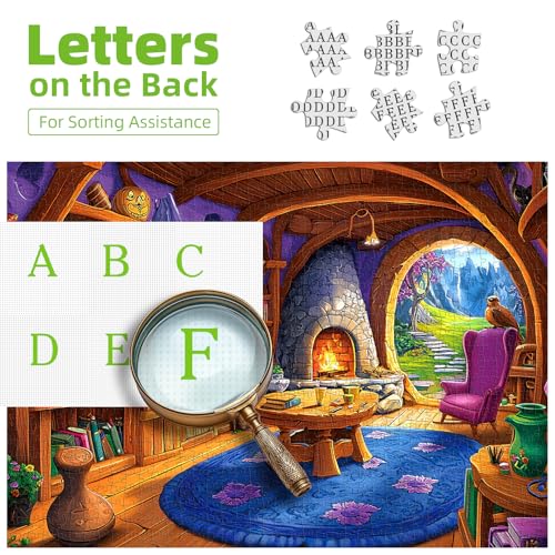 Fantasy Wizard Library 1000 Piece Puzzles for Adults, Cozy Treehouse Reading Room Jigsaw Puzzle with Letter on Back & Reference Poster, 1000 Piece Puzzles for Family Game Night Gift for Book Lovers - color: Fantasy Library