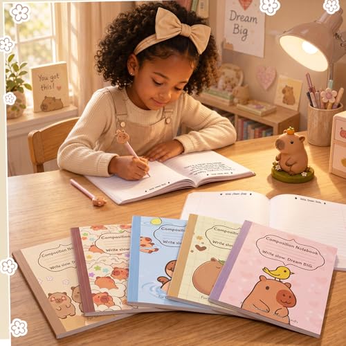 Glenmal 6 Pcs Composition Notebook Wide Ruled Cute Capy Assorted Composition Notebook 110 Page 7-1/2" x 9-1/4" Journal Gift for Back to School First Day of School Students Teacher Capy Lovers - style: Capybara