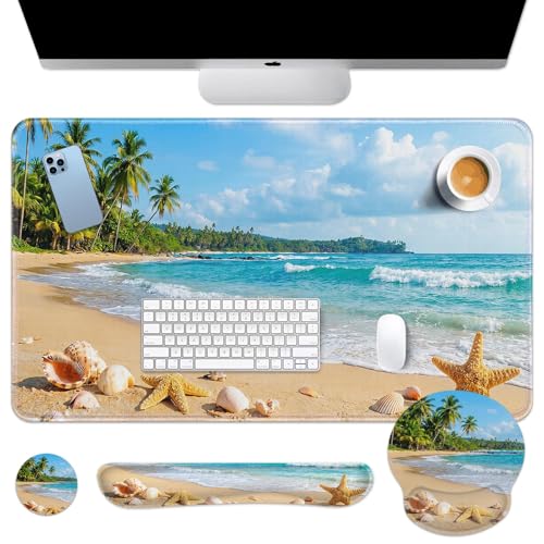 Britimes Beach Tropical Coastal Keyboard Mouse Pad Set Ocean Seashell 4in1 Large Mousepad+Keyboard Wrist Rest+Mouse Wrist Rest+Coaster Ergonomic Design for Home Office Computer 35.4x15.7 inches - color: Beach Tropical Coastal