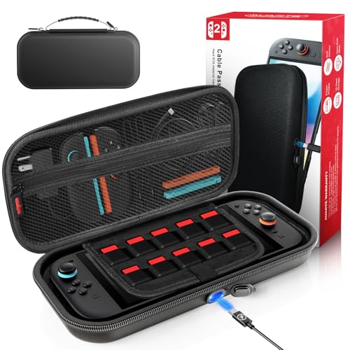 Auarte [Charge Inside Carrying Case for Switch 2 Console (2025)/OLED | Slim Hard Portable Travel Carry Case Bag for Switch 2 Accessories with 10 Game Card Storage - color: Carbon Black