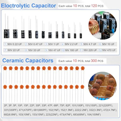 Electronic Component Kit, 1628 Pcs DIY Electronics Kit with LED Diodes, Diodes, Metal Film Resistors, Electrolytic Capacitor, Transistors, Ceramic Capacitors, Dupont Wire, PCB Board, Breadboard - style: 1628 Pcs
