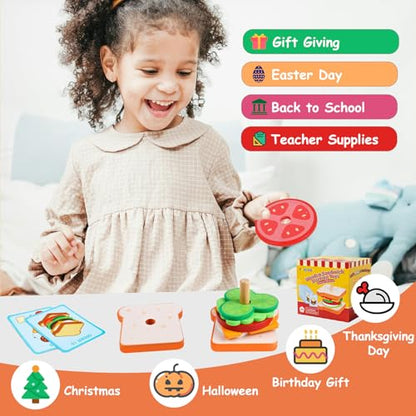 Pajojoqa Wooden Sandwich Stacking Toys, Montessori Toys for Toddlers Kitchen Play Food Educational Preschool Learning Toys Christmas Birthday Gift Kids Toys for Boys Girls 3 4 5 Years Old (Sandwich) - color: Sandwich