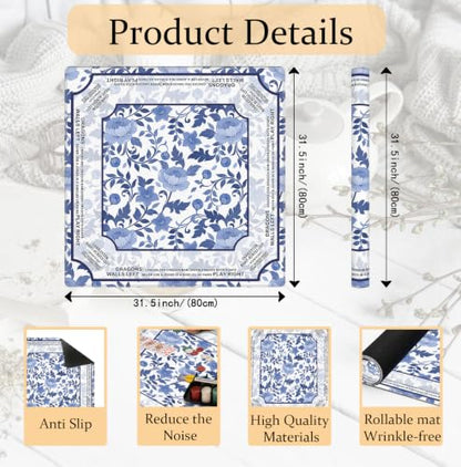 Blue and White Chinoiserie Floral Bird Mahjong Mat 31.5 x 31.5 Inch, Traditional Chinese Non-Slip Noise Reduction Mahjong Table Mat for American Mah Jong Poker Card Board Games Dominoes - color: Blue Chinoiserie Floral