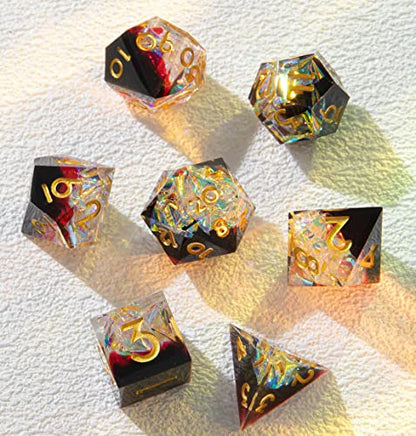 Sharp Edge DND Dice Set Handmade 7 Accessories Dice for Dungeons and Dragons TTRPG Games, Multi-Sided RPG Polyhedral Resin Sharp Edge Dice Roleplaying Games (Sequin Red) - color: Sequin Red