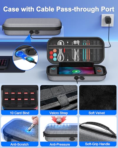 Switch 2 Accessories, Case Budle with Charger, Grip & Wheel for Nintendo 2 | FYOUNG [Charge Inside] Travel Hard Case, Charging Dock, Ergonomic Grip&Steering Wheel for Mario Kart,Tempered Glass -Grey - color: Grey