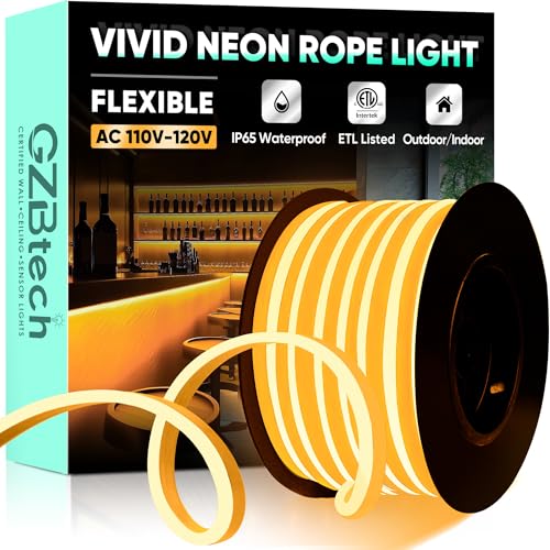 GZBtech Flexible LED Neon Rope Lights 50FT,AC 110-120V Waterproof Strip Light, 120 LEDs/M Cuttable Connectable Neon Lighting for Indoor Outdoor Home Decor/Commercial Building Use-Amber 15M, ETL Listed - color: Amber, size: 50FT