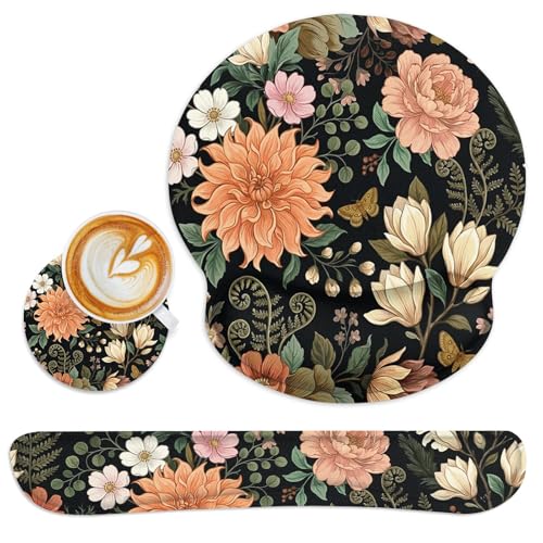 Ergonomic Mouse Pad Set with Wrist Rest, Floral Flower | Leaves Colorful Non-Slip Rubber Base Wrist Cushion Support and Coasters Mousepad with Wrist Support for Computer Keyboard - color: Floral Colorful