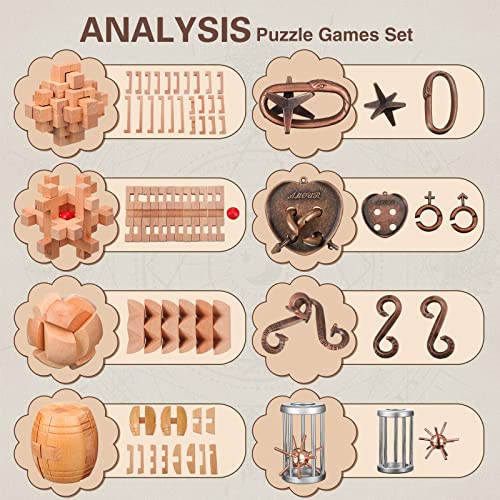 Wettarn 8 Pcs Brain Teaser Puzzles for Adults Logic Wooden Brain Teasers Mind Puzzles and Metal Puzzle Fidget Fun Educational IQ Games 3D Unlock Interlock for Adults Gift