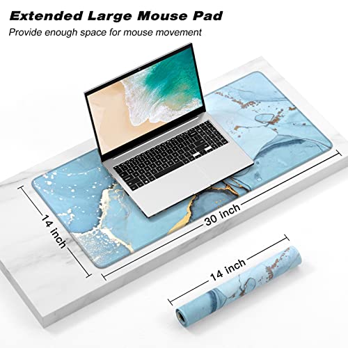 Extended Gaming Mouse Pad, XXL Large Desk Pad 30 x 14 Inch, Big Computer Keyboard Mousepad, Waterproof Mouse Mat with Stitched Edges and Non-Slip Base for Women Office Gaming, Blue Marble - color: Blue Marble