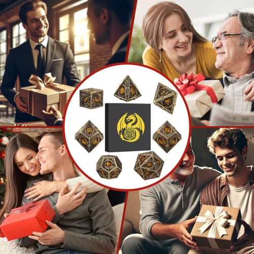 Metal Dice Set, Dragon Eye Theme, 7pcs Polyhedral Metal DND Dice Set, DND Starter Set, D&D Gifts with Gift Box, Role Playing Board Games Accessories, Bronze Amber - color: Bronze Amber With Gift Box