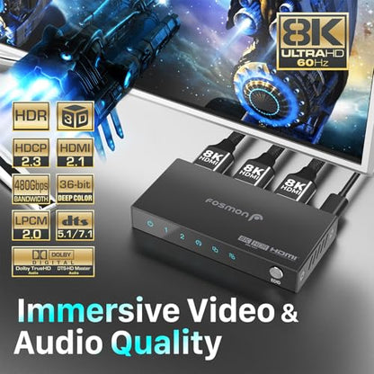 Fosmon 8K HDMI Splitter 1 in 2 Out, 1x2 4K@120Hz HDMI 2.1 Splitter for Dual Monitor Screen Duplication, Support EDID Control (Copy/Auto/Downscaler), LPCM, DTS, Dolby Digital, HDCP2.3, CEC, HDR10