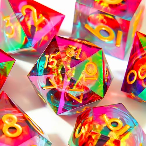 Laser Liquid Core DND Dargon Eye Dice Set for Dungeons and Dragons, Beholders Rainbow Dice with Iridescent Iconic Coating,Resin Sharp Edge for RPG, MTG Table Games（red Blue Eye） - color: Rainbow-red Blue Eye
