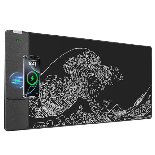 Wireless Charging Mouse Pad, 31.5"x15.8" Large Desk Mat, Smooth Glide | Waterproof Mousepad, Stitched Edge, Non-Slip Rubber Base, Desk Pad Computer Keyboard Mat, No Adapter - color: Black-31.5"x15.8"-Sea