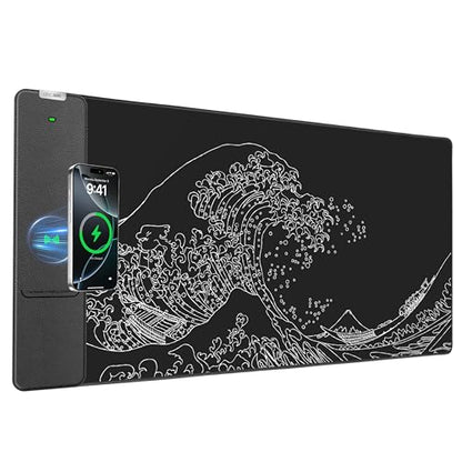Wireless Charging Mouse Pad, 31.5"x15.8" Large Desk Mat, Smooth Glide | Waterproof Mousepad, Stitched Edge, Non-Slip Rubber Base, Desk Pad Computer Keyboard Mat, No Adapter - color: Black-31.5"x15.8"-Sea