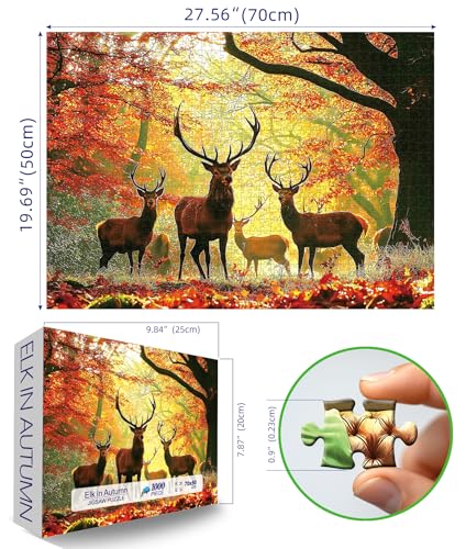 MINIWAN 1000 Piece Majestic Deer in Autumn Forest Jigsaw Puzzle | 27.5"x19.7", For Adults & Seniors, Letters on Back, Reference Poster Included - color: Autumn Elk