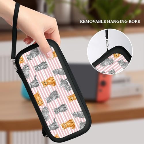 PPIKTC Game Console Storage Bag Compatible with Nintendo Switch, Pink Stripes Cute Cat Hard Shell Shockproof Travel Carrying Pouch with 15 Game Cartridges - color: Design (219)