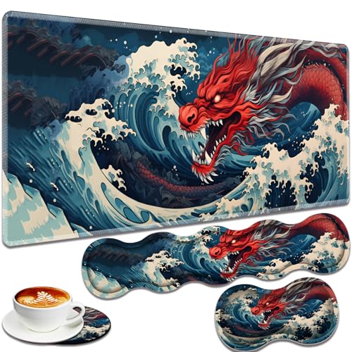 Large Gaming Mouse Pad + Keyboard Wrist Rest + Wrist Support + Coaster Set, Memory Foam Ergonomic for Easy Typing, XXL Extended Gaming Mouse Pad Table Pad - Sea Wave Red Dragon - color: Sea Wave Red Dragon