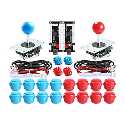 2-Player DIY Arcade Kit USB to Joystick Arcade DIY Parts Kit For PC, Windows, MAME, Raspberry Pi - 2x Zero Delay USB Encoder + 2x Arcade Joystick + 20x Arcade Buttons Color: Red + Blue
