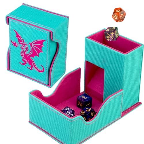 Dice Roller Tower, Premium DND Magnetic Dice Tray, Foldable PU Leather Dice Tower RPG Gifts for Dungeons and Dragons MTG Dm & Player Turquoise/Pink（Flame Dragon） - color: Turquoise/Pink