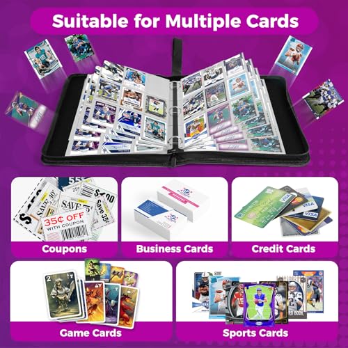 9 Pocket Card Binder: 900 Zipper Double Sided Sports & Trading Card Collector Album with 50 Removable Sleeves - Kids Card Holder for TCG NHL Baseball Football Hockey Games (Purple） - color: Purple