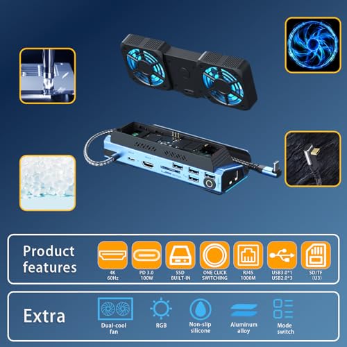 14-in-1 Docking Station for Steam Deck, ROG Ally X & Legion Go, Dual Cooling Fan USB C Docking Station with HDMI 4K 60Hz, 1000Mbps, 4*USB 3.0, USB C 100W PD, SD TF Slot
