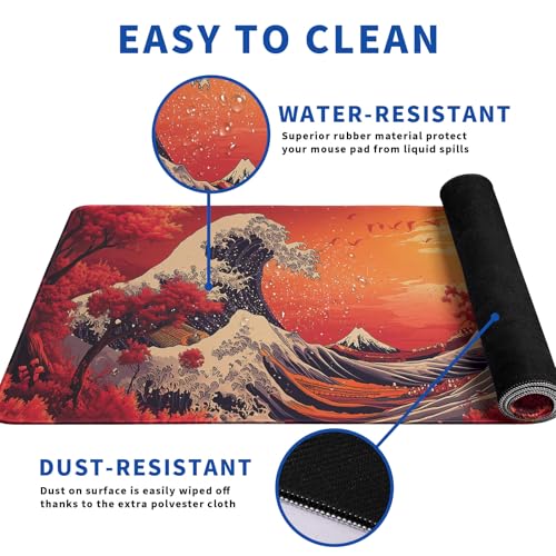 Red Japanese Sea Wave Mouse Pad Abstract Red Mouse Pad 31.5x11.8 Inch Texture Non-Slip Rubber Base Large Mousepad Stitched Edges Keyboard Mouse Mat Desk Pad for Office and Home - color: Red Japanese Sea Wave