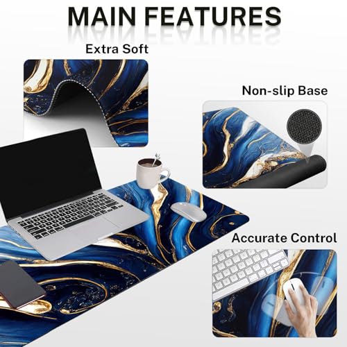 Britimes Blue and Gold Marble Keyboard Mouse Pad Set 4in1 Large Mousepad+Keyboard Wrist Rest+Mouse Wrist Rest+Coaster Set with Ergonomic Design for Home Office Computer 35.4x15.7 inches - color: Blue and Gold Marble