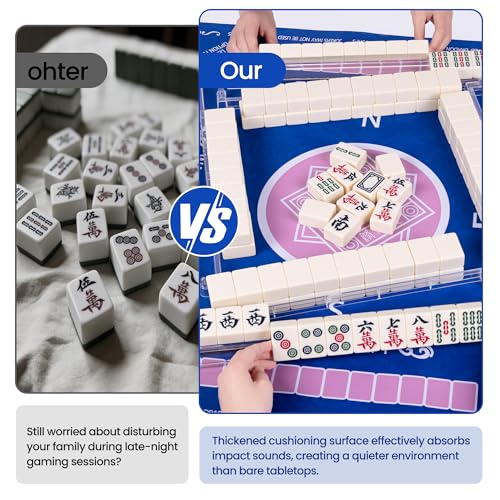Blue Mahjong Mat for Table with 4 Racks - Anti Slip Mats for Card Poker Playing Board Game Tabletop Gaming - Noise Reduction Foldable Mah jongg Table Cover - Rectangle Mahjong Pad (32" x 32")