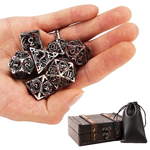 7pcs polyhedral Metal Dice Set DND,The New Hollow Pure Copper Process | DND Metal Dice Set,Used for Dungeon and Dragon Dice Games Role-Play RPG Explorer MTG Pioneer Game DND Dice Set - color: Black Red