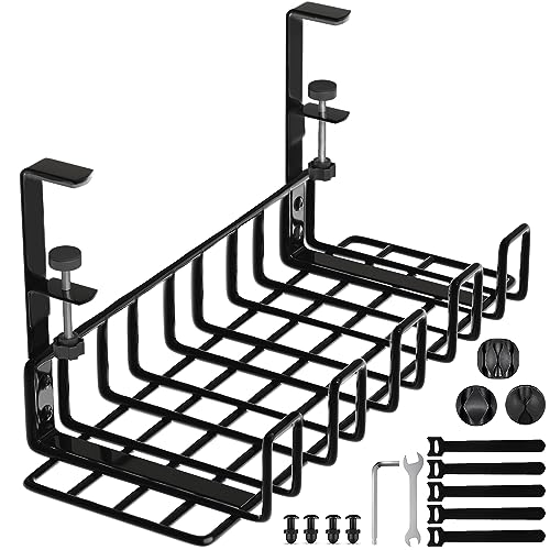 Under Desk Cable Management Tray, 16” No Drill Cord Organizer with Clamps for Wire Management, 4mm Sturdy Wire Desk Cable Organizer Tray, Cable Management Rack for Office