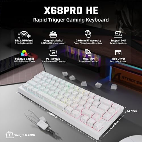 ATTACK SHARK X11 & X68 PRO HE Wireless Gaming Combo,Rapid Trigger Hall Effect Magnetic Switch 8K Keyboard,Ultra-Light 22K DPI PAW3311 Optical Sensor Mouse,RGB Backlit Tri-Mode with Coiled Cable-White - color: White