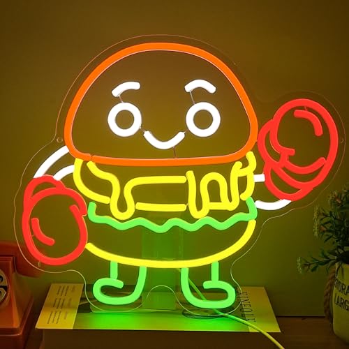 Boxing Hamburger Neon Sign Dimmable Food Burger Neon Light Hamburg Boxing Led Light Sign for Wall Decor Business Restaurant Bar Party Snack(12.6 * 14.96In) - style: Boxing Hamburger