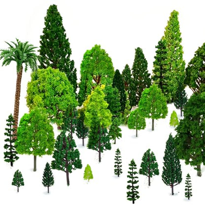 Mixed Model Trees, 29pcs, 1.5-6 inch(4-16 cm), Ho Scale Bushes, Diorama Supplies, Plastic Trees for Projects, Model Train Scenery with No Bases - style: 29pcs green trees
