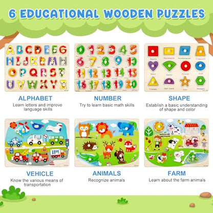 Attmu Wooden Puzzles for Toddlers, 6 Pcs Alphabet Puzzle ABC Shape Number Animal Farm Puzzle, Learning Toys for Kids, Preschool Educational Activities Toddler Gift Toys for Girls Boys Christmas Easter - size: 6 Pack