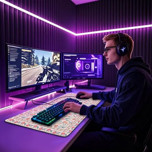 Pink Floral Large Gaming Mouse Pad Desk Mat 31.5"x15.7" | Extended Mousepad, Non-Slip Rubber Base , Stitched Edges, for Computer/Laptop/Office/Home - color: Pink Floral