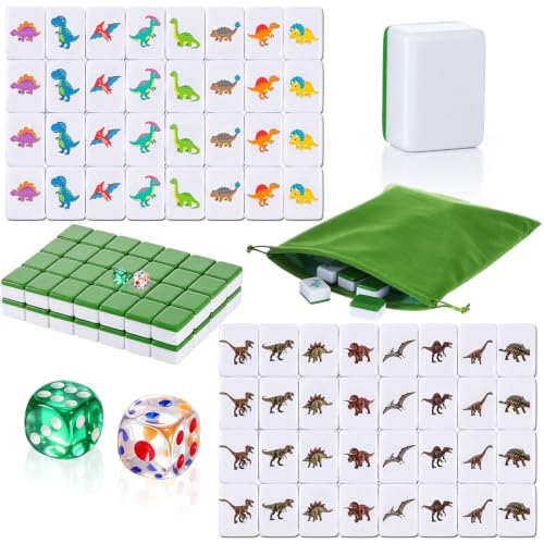 Capoda 2 Players Mahjong Block Set Dinosaur Mahjong Game with 65 Pcs 1.2 inch Green Tiles Mini Travel Tile Game with Dice Portable Bag for Holiday Travel Family Party Nights Supplies - style: Dinosaur