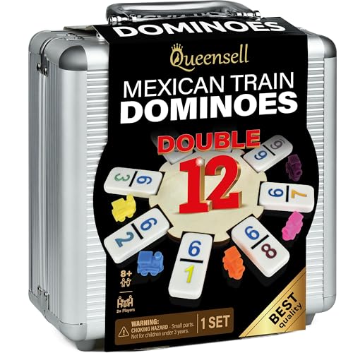 Queensell Mexican Train Dominoes Set with Numbers, Double 12 Dominoes Sets for Adults, Mexican Domino Train for Adults and Family - Domino Sets 91 Tiles with Aluminum Case - style: Double 12 Numbers
