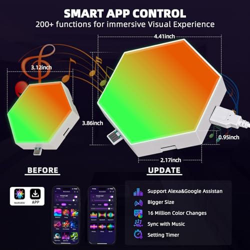 TISOFU Big Hexagon Lights LED Wall Panels, 8 Pack RGB Gaming Lights Works with Google Assistant & Alexa, APP/Music Sync & Remote, DIY Smart Modular Hexagonal Honeycomb Glide Hex Tiles Panel