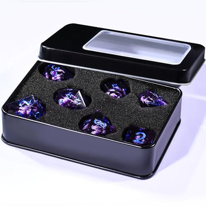 AUSTOR Violet Flame Dragon Dice Set - 7 Pieces Resin Dice: D20, D12, D10, D8, D6, D4 with Case - color: Violet Flame Dragon