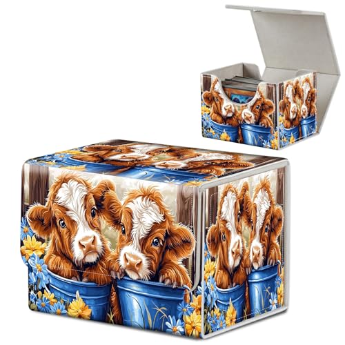 Card Deck Box for MTG, Microfiber Lining and Waterproof PU Leather Large Size Card Box, Fit 100+ Single Sleeved Cards, Strong Magnet Collectible Card Storage Box Fit TCG Fit MTG, Cute Flowers Cow - color: Cute Flowers Cow