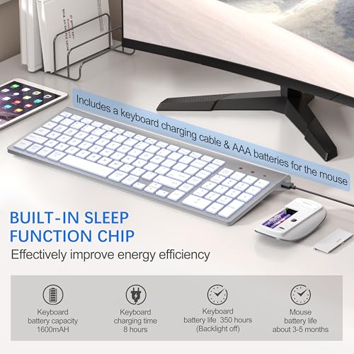 Wireless Backlit Keyboard and Mouse Ultra Slim Combo, TopMate 2.4G Silent Compact 2400DPI Mouse and Scissor Switch Keyboard Set, Batteries Included, for PC/Laptop/Windows/Mac/Gaming - BL Silver White - color: BL Silver White
