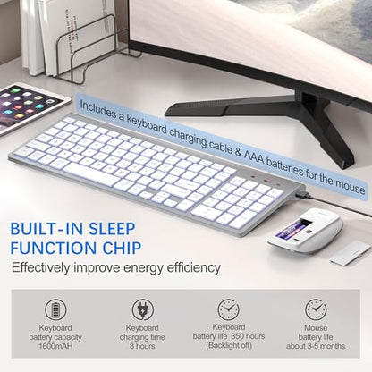 Wireless Backlit Keyboard and Mouse Ultra Slim Combo, TopMate 2.4G Silent Compact 2400DPI Mouse and Scissor Switch Keyboard Set, Batteries Included, for PC/Laptop/Windows/Mac/Gaming - BL Silver White - color: BL Silver White