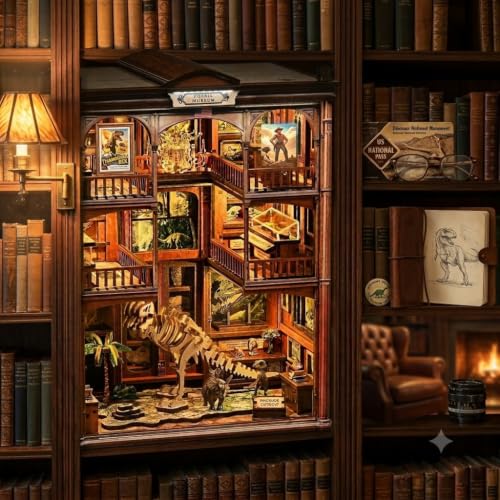 2026 Dinosaur Book-Nook Kits LED 3D Wooden Dino Library Puzzles Fossil Museum Themed Gift for Adults&Teen Kids DIY Miniature House Diorama- Bookshelf Room Decor with LED Softer Light, Bday Present