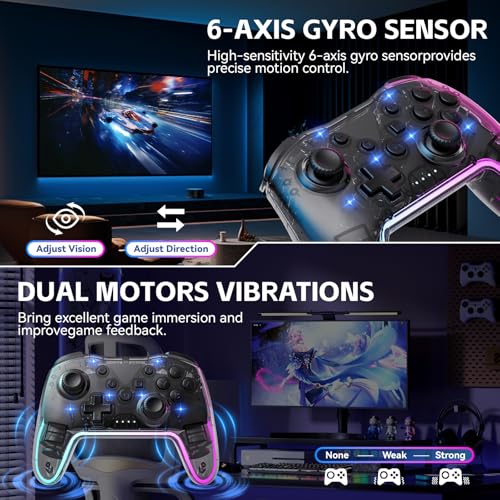 Wireless Pro Ergonomic Controller for Switch/PC/iOS/Andorid | Compatible with Lite/OLED/. 7-Color RGB Lighting, Turbo/Vibration Adjustment, 10H Battery life, One-Key Wake-Up. - color: TransparentBlack