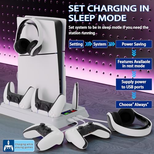 PS5/Slim/Pro Cooling Station for PlayStation 5 Console,PS5 Cooler Fan with Dual PS 5 Controller Charger Incl. 3 Level Fans,Headset,3 USB Hubs,PS5/Slim/Pro Stand for PlayStation 5 Console Accessories - color: Full-White
